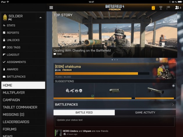 Battlefield 4 : Battlelogのタブレット用アプリがアップデート