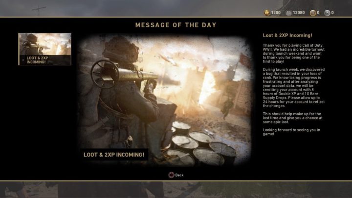 CoD:WWII:ランク巻き戻しユーザーへ2XPとサプライドロップの配布を開始