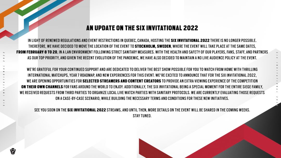 レインボーシックス シージ：世界大会"シックスインビテーショナル2022"が会場変更、スウェーデンでの無観客開催へ